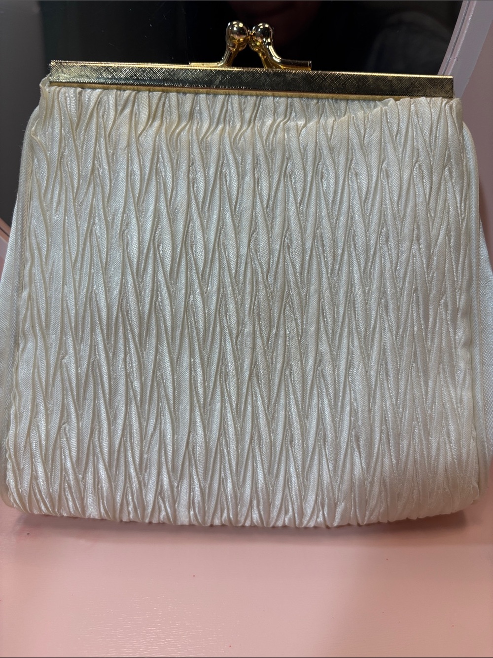 Elegant vintage Ivory Satin Evening Clutch with Gold Frame